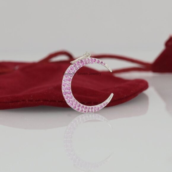 925 Silver Ruby Moon Pendant, Diamond Crescent Pendant - Image 5