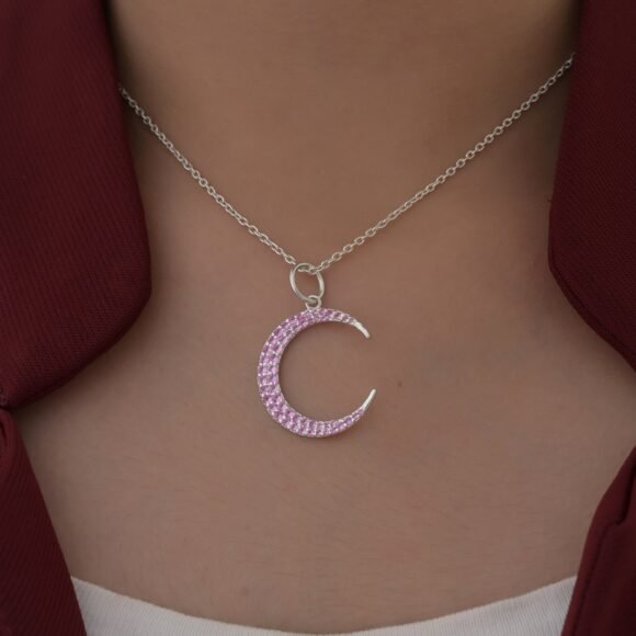 925 Silver Ruby Moon Pendant, Diamond Crescent Pendant