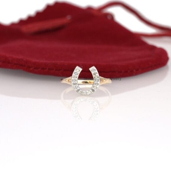 14K Gold Horseshoe Diamond Ring, Vintage Gold Horseshoe Diamond Ring