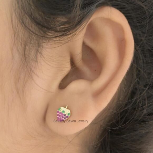 14k Gold Strawberry Studs, 14k Strawberry Earrings, Ruby & Emerald Strawberry Studs - Image 2