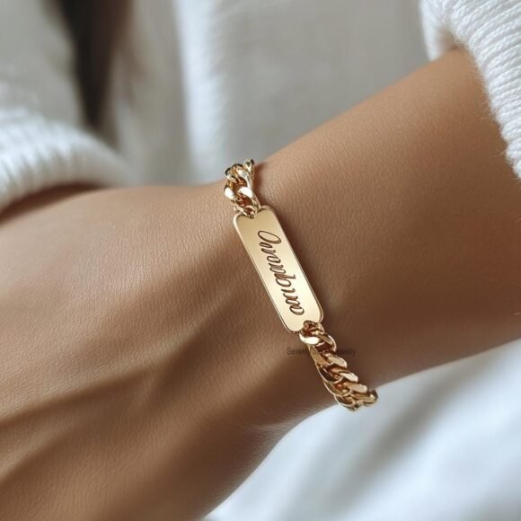 14K Gold Plated Name Bar Bracelet, Curb Chain Nameplate Bracelet - Image 2